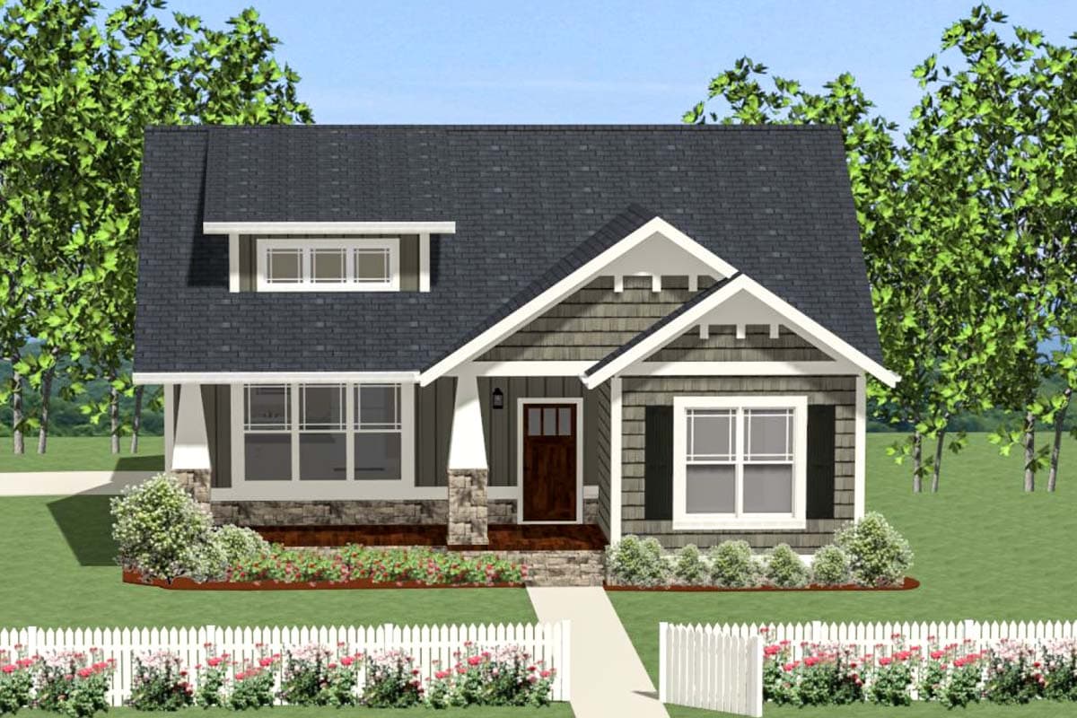 Craftsman style house plan exterior with a covered porch, prominent gables, dormer window, and shingle siding.