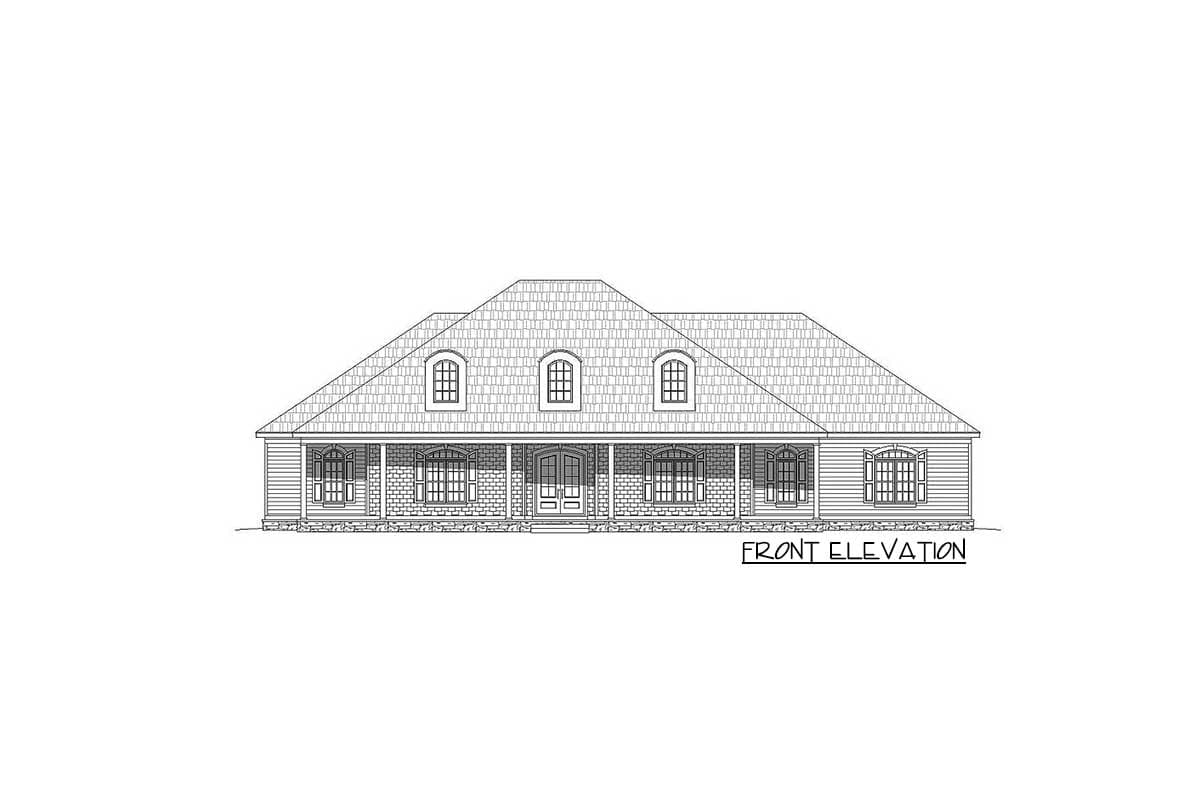 Front elevation drawing of a one-story house with a full-width covered porch, arched dormers, and a mansard roof.