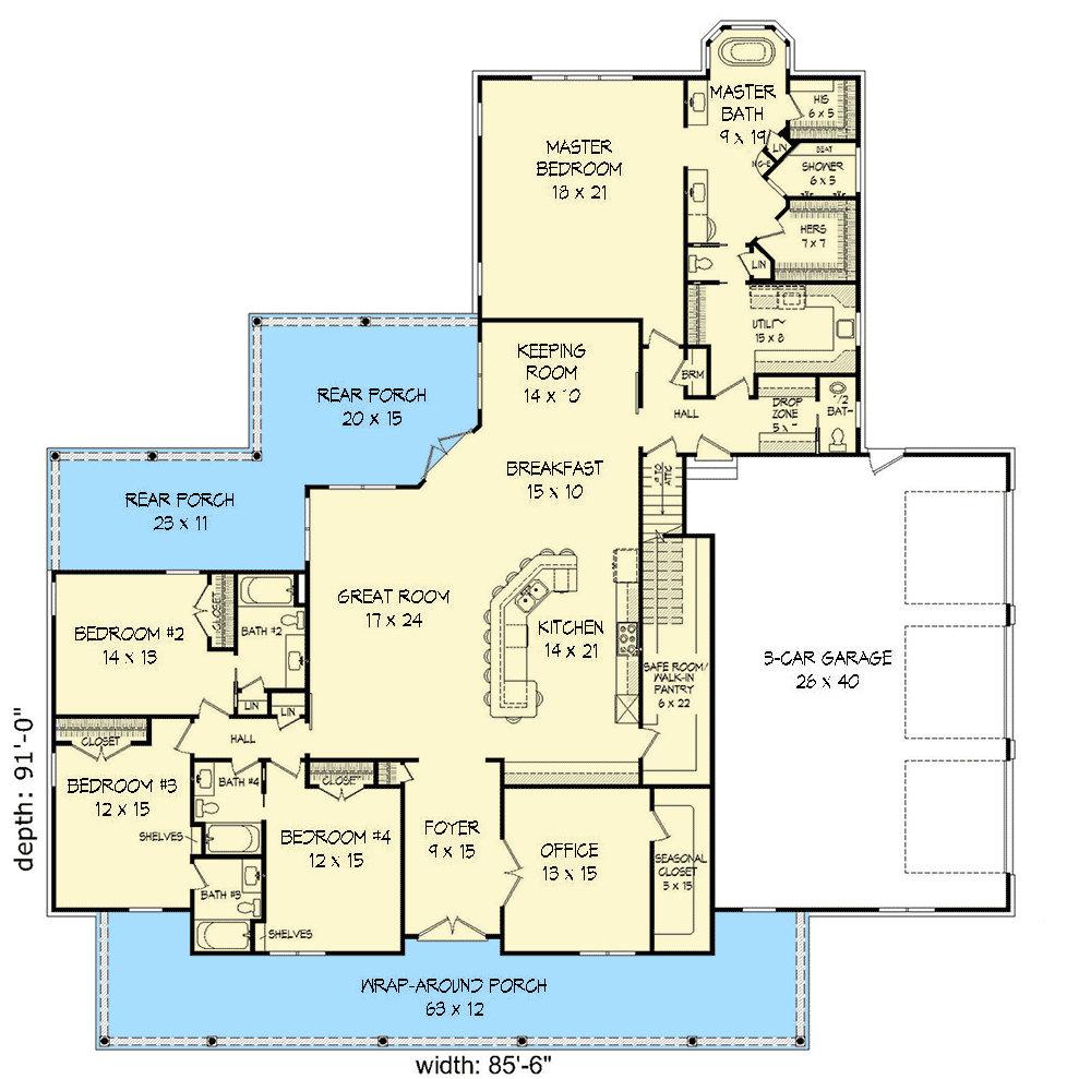 Plan 68426VR: Graceful Southern House Plan - Floor Plan - Main Level - Southern