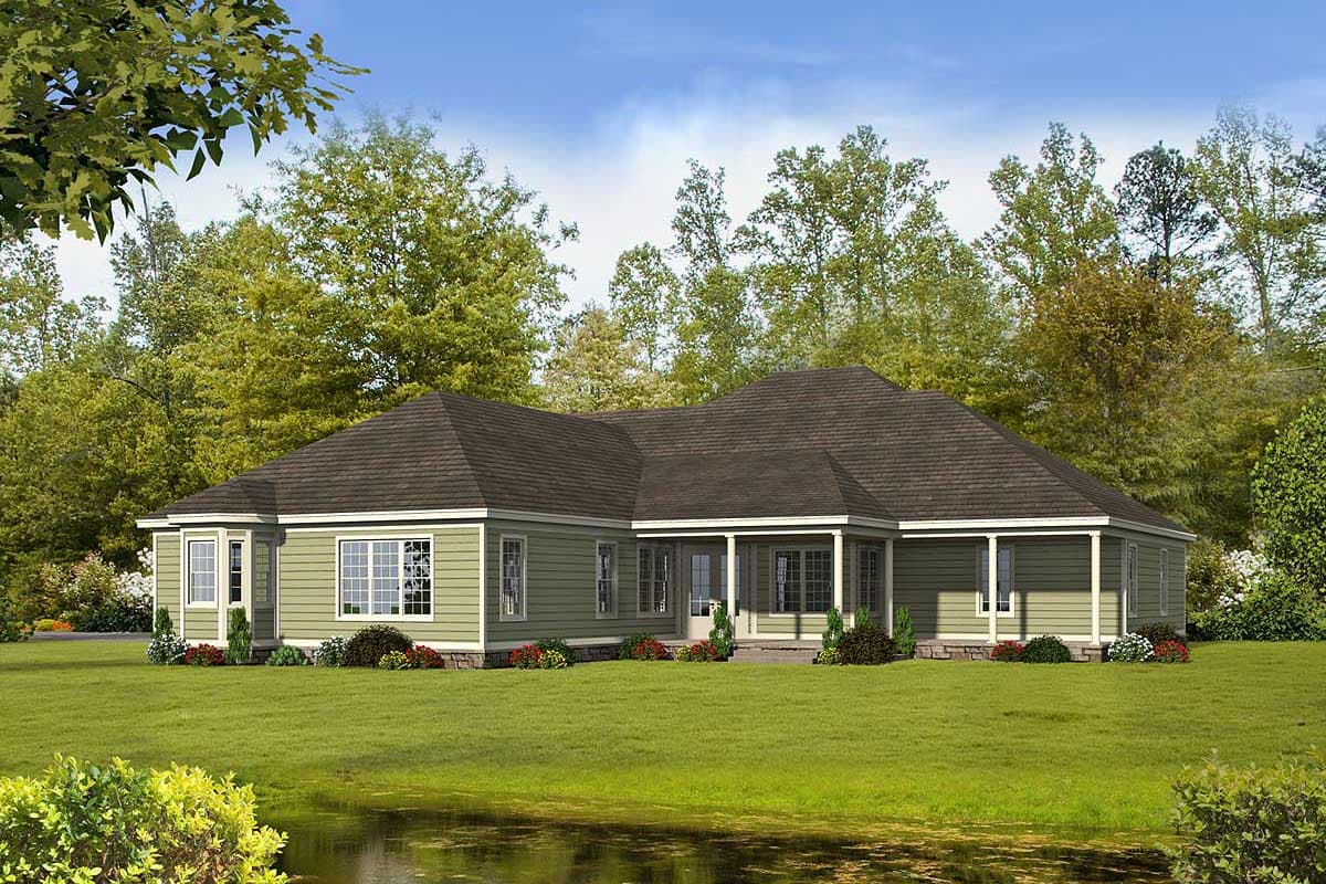 House plan exterior featuring a single-story, light green home with a prominent wrap-around porch, multiple gables, and bay windows.