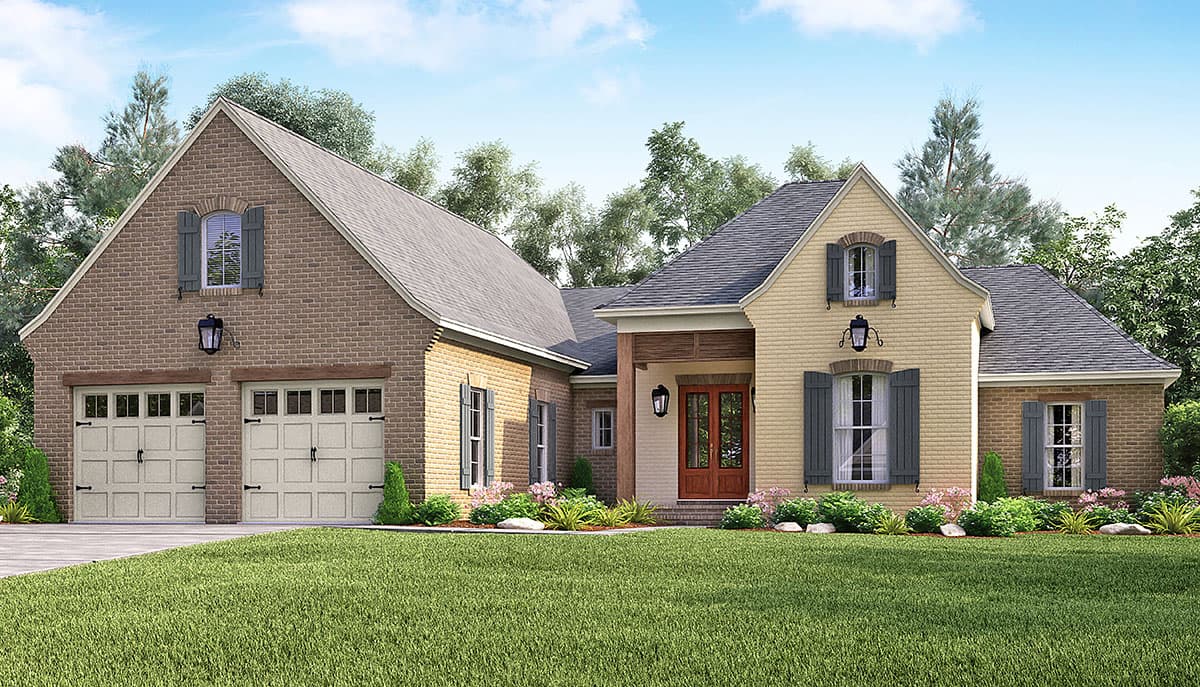 House plan exterior: Brick and stucco, two-story with a two-car garage, covered entry with double doors, and gabled dormers.
