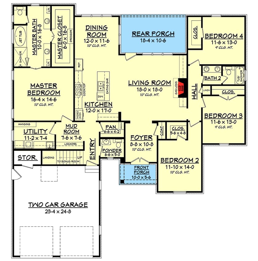 Plan 51737HZ: Charming four bedroom Acadian with optional bonus room  - Floor Plan - Main Level - Acadian, Louisiana-Style, Southern, Transitional