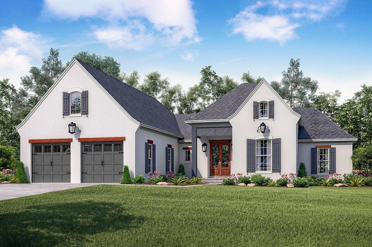 House plan exterior with two stories. Features a brick exterior, gabled roof, and two-car garage. Includes shutters and a covered entry.