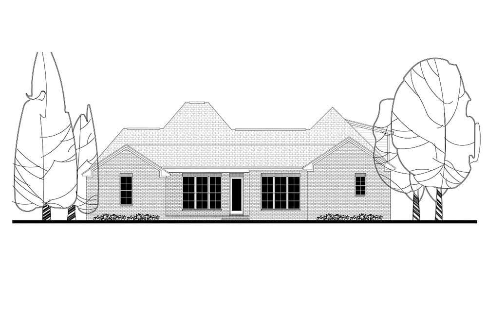 House plan exterior: Ranch style, brick facade, prominent central gable with a covered entry and symmetrical window placement.