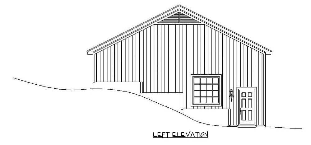 Left elevation drawing of a house with vertical siding, gable roof, dormer vent, window, and door.