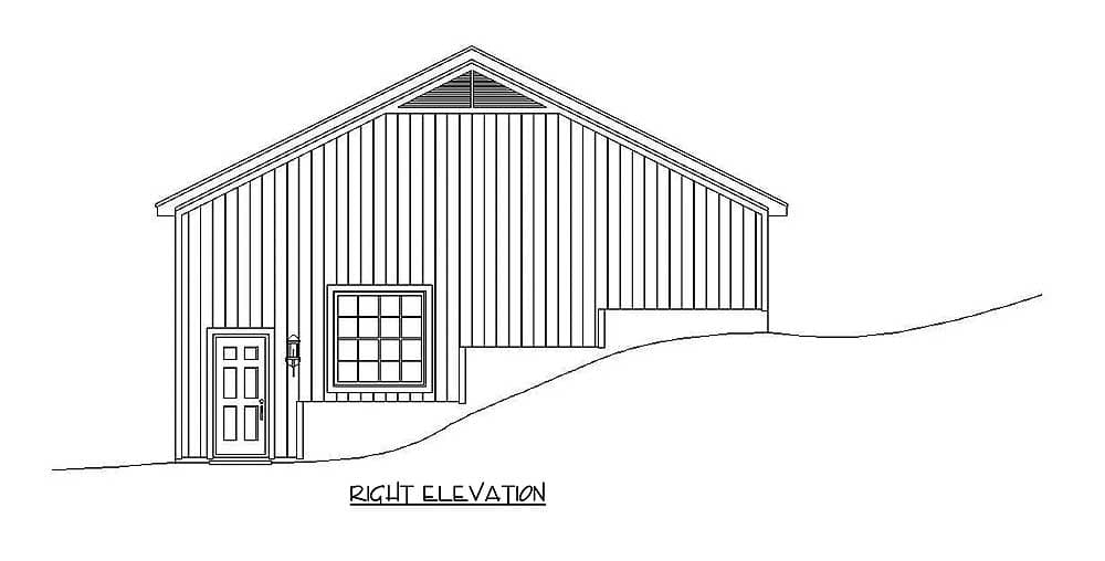 Right elevation drawing of house plan with vertical siding, a gable vent, door, and a multi-pane window.
