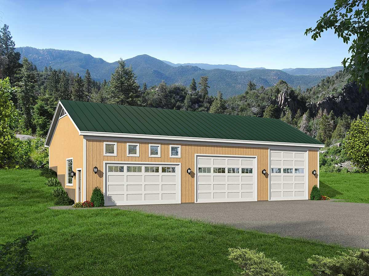 House plan exterior showing a one-story, three-car garage with a green metal roof, wood siding, and three garage doors.