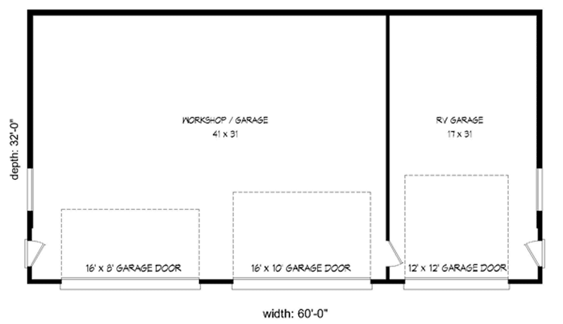 Plan 68428VR: RV Garage with Workshop - Floor Plan - Main Level - Traditional