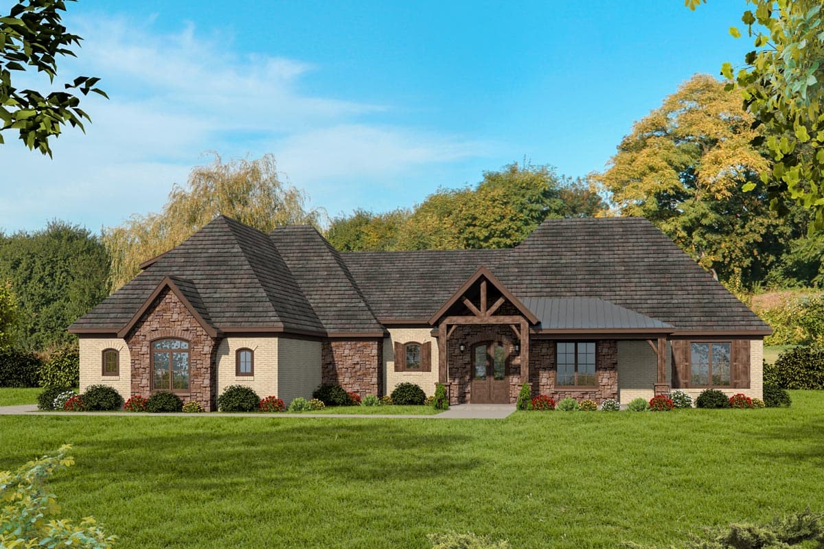House plan exterior: One-story house with stone accents, prominent gables, covered entry with timber supports, and varied rooflines.