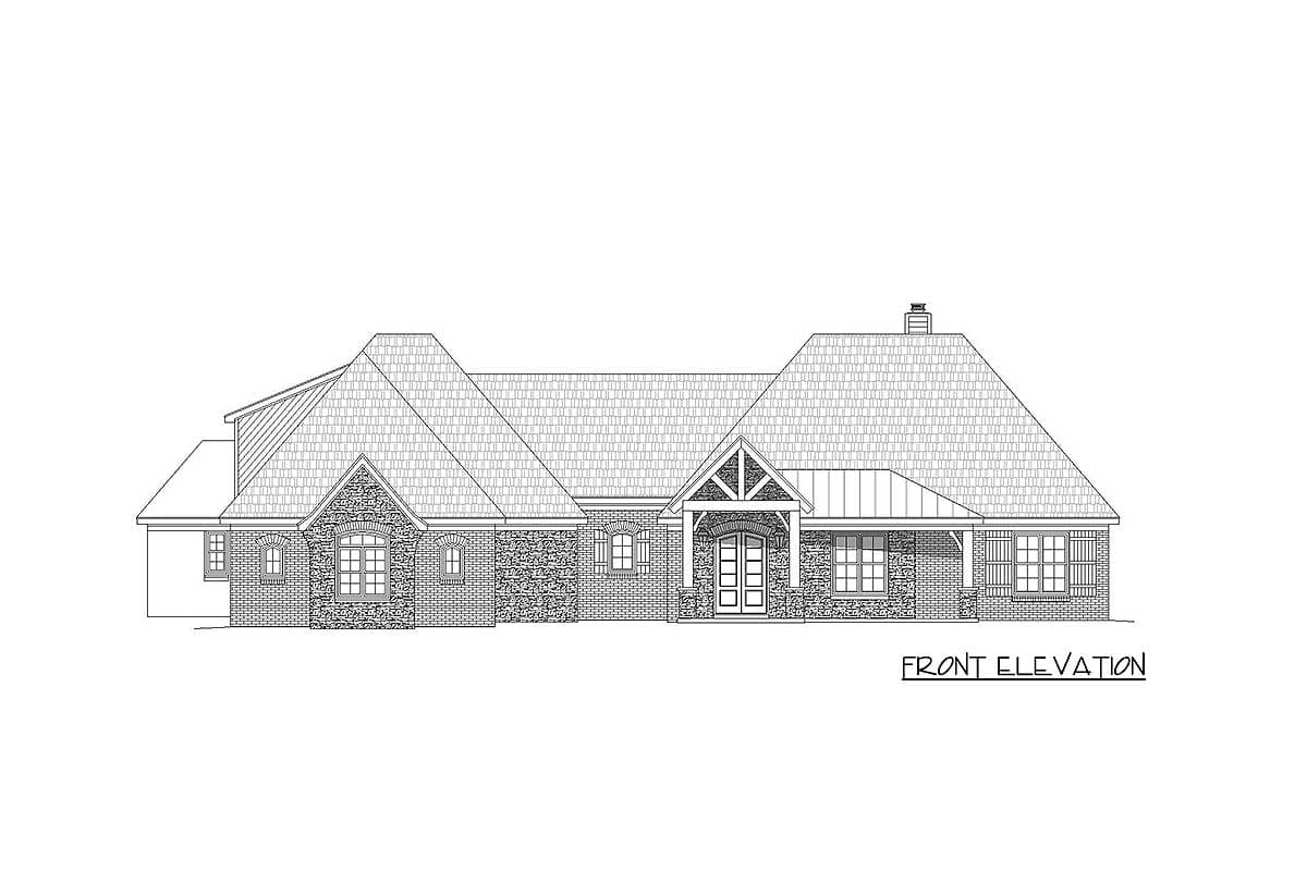 Front elevation drawing of a single-story house with a prominent gable, stone accents, and a covered front porch with timber detailing.