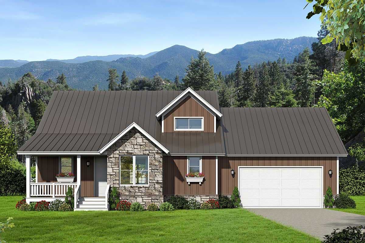 House plan exterior: Modern Farmhouse style, one story, with stone facade, prominent gable, dormer, and attached two-car garage.