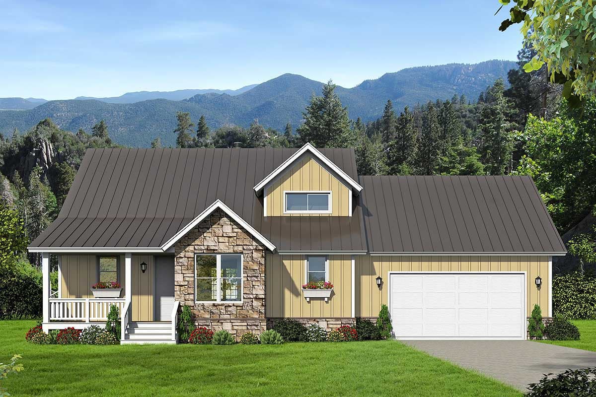 House plan exterior featuring a prominent stone-clad gable, metal roof, dormer, covered porch, and attached two-car garage.