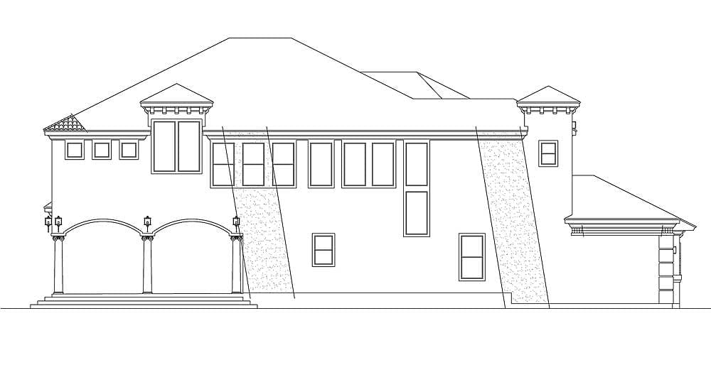 House plan elevation drawing of a two-story house with arched portico, multiple gables, and a detached garage.