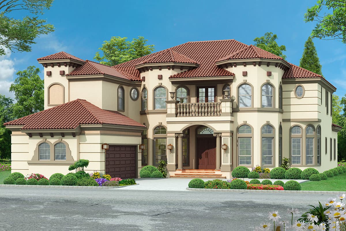 House plan exterior. Two-story Mediterranean style with a red tile roof, arched windows, a balcony with balustrade, and a garage.
