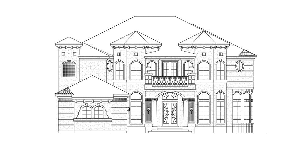 House plan exterior, two stories, with arched windows, decorative balcony, and hipped rooflines.