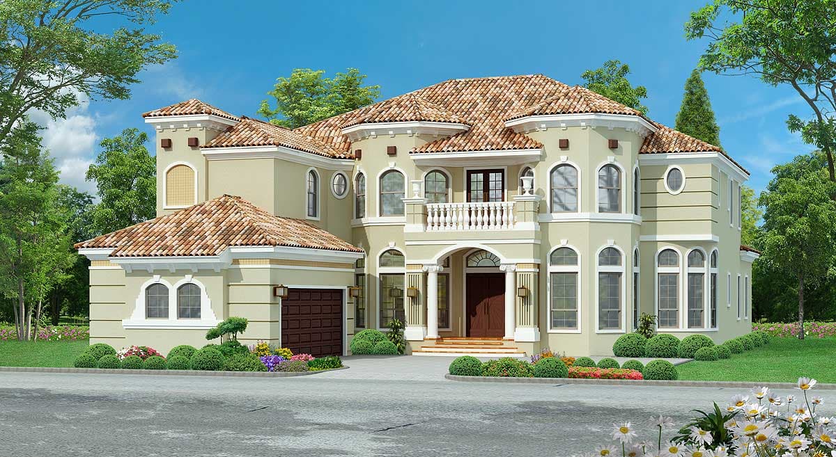 House plan exterior: two-story Mediterranean style with arched windows, tile roof, arched entryway, and attached garage.