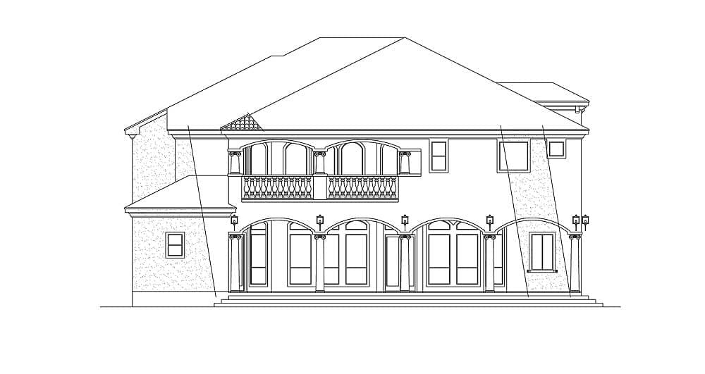 House plan exterior drawing of a two-story home with a Juliet balcony, arched windows, and a multi-level roofline.