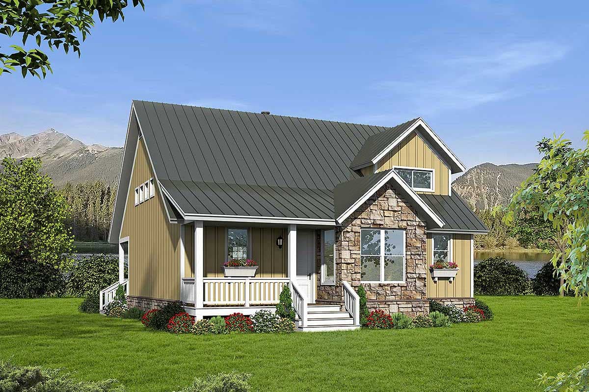 House plan exterior of a two-story Modern Farmhouse with a metal roof, stone accents, and a covered front porch.