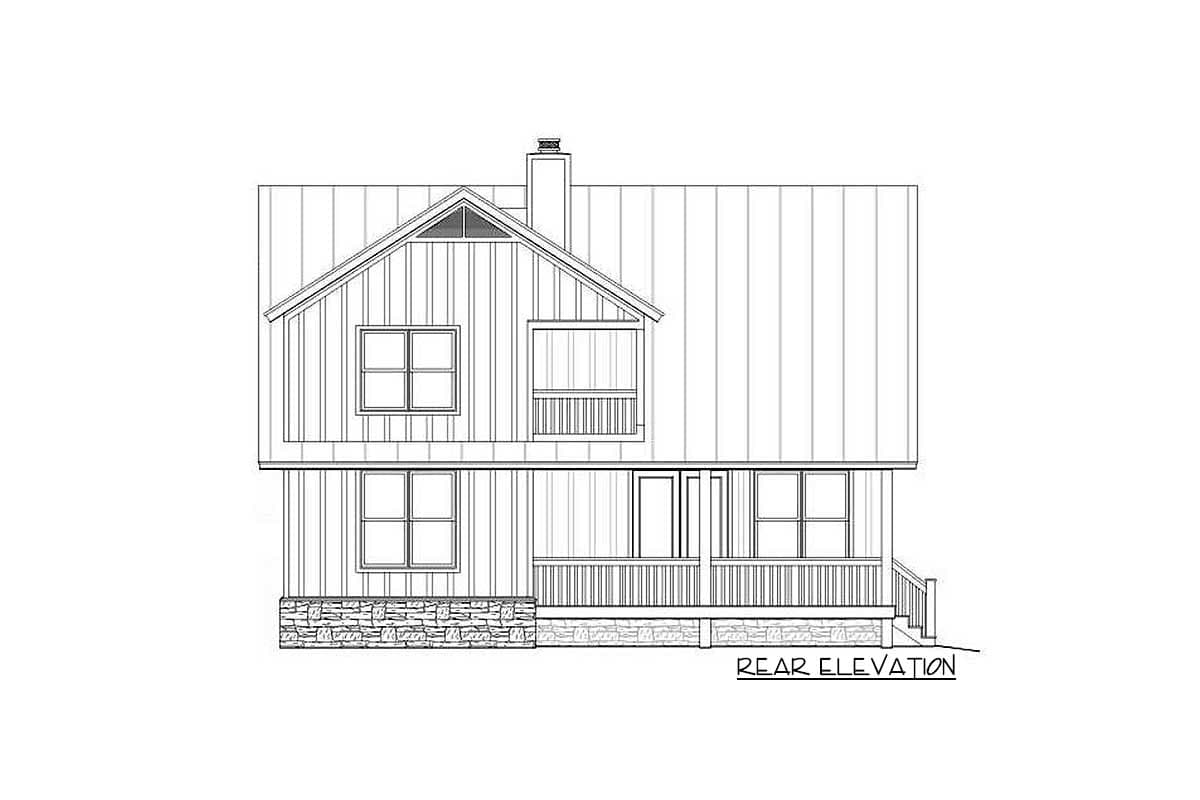 Rear elevation drawing of a two-story house plan with a gabled roof, stone foundation, and covered porch.
