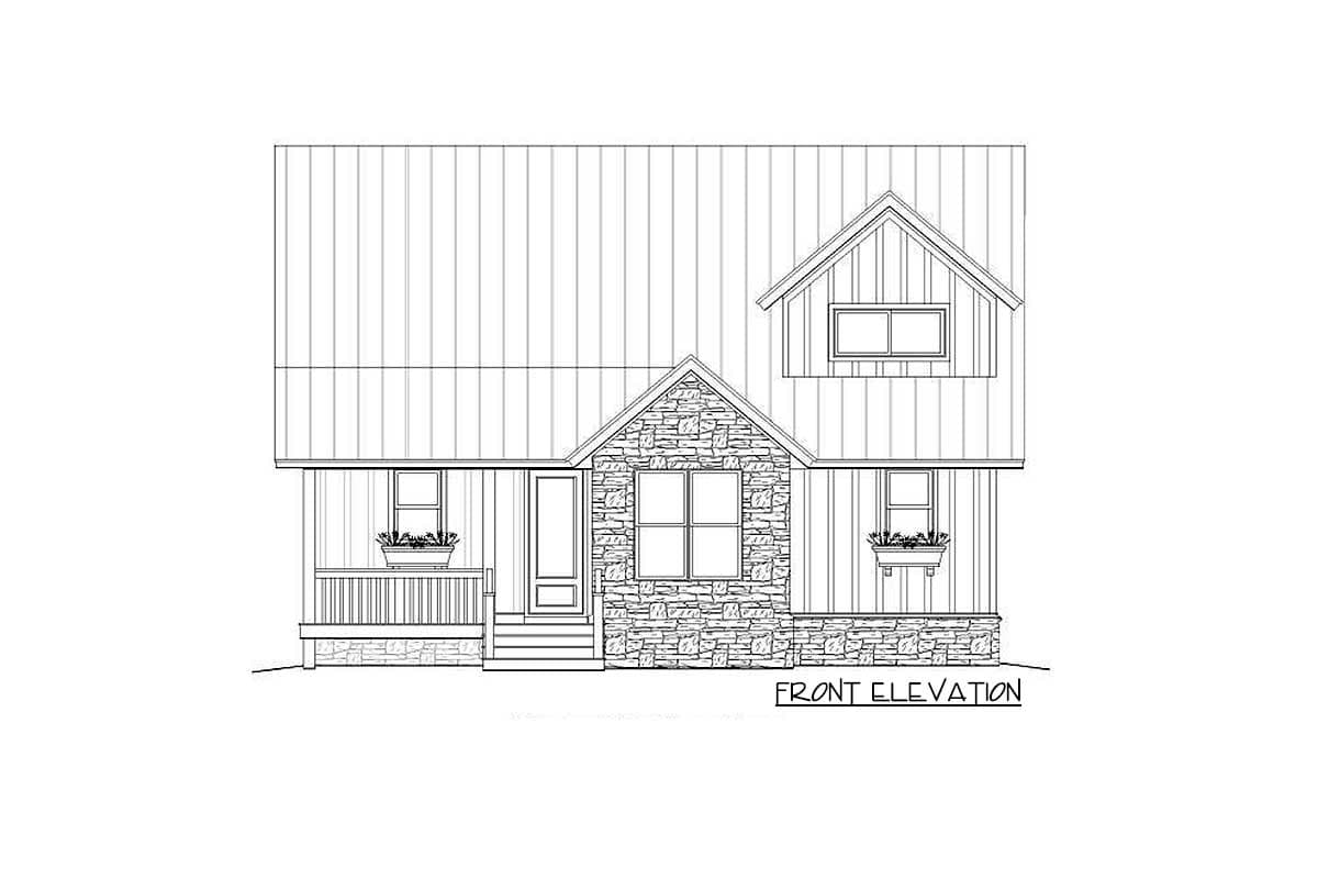 Front elevation drawing of a two-story house plan with stone facade, front porch, and dormer window.