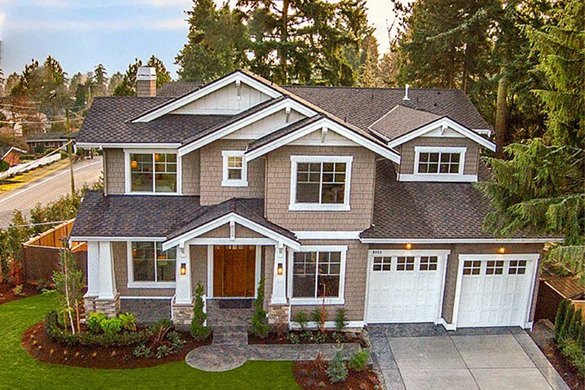House plan exterior: Two-story, Modern Farmhouse style with front-facing gable, covered porch, and attached two-car garage.