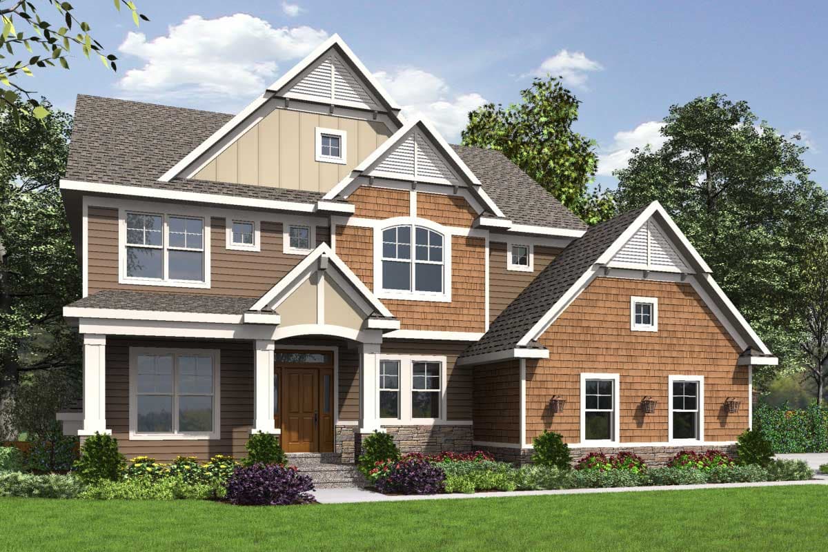 House plan exterior: two-story home with gables, dormers, shingle and lap siding, stone accents, and covered entry.