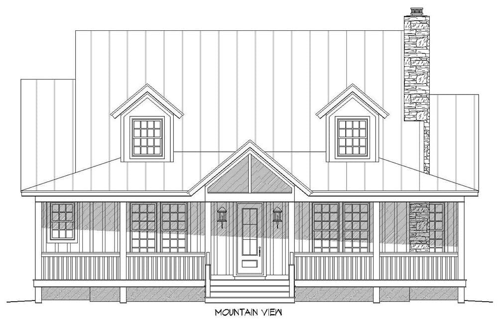 Front elevation of a two-story house plan featuring a metal roof, prominent gables, dormer windows, and a wraparound porch.