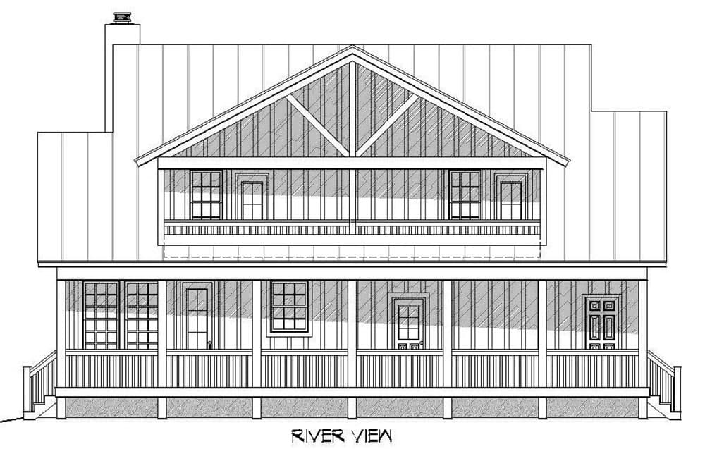 House plan exterior: two-story home with a wrap-around porch, prominent gabled dormer, and metal rooflines.