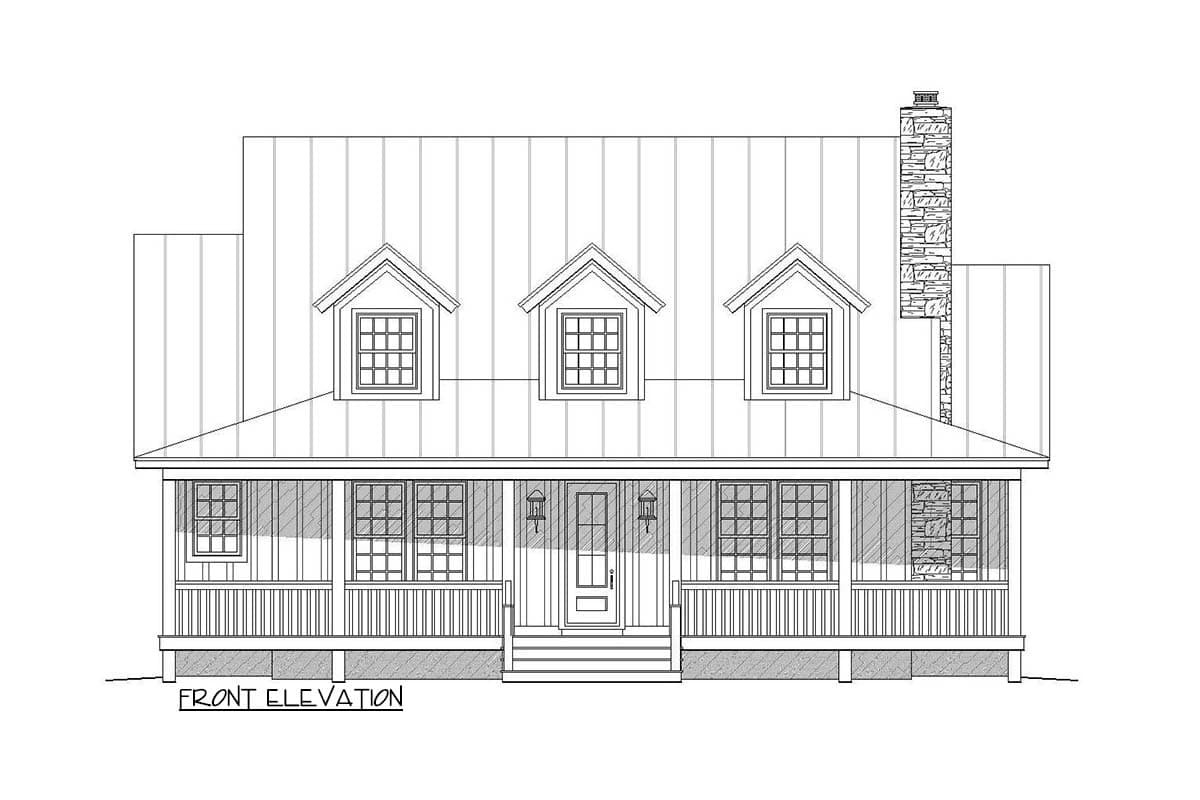 Front elevation drawing of a house plan featuring a metal roof, three dormer windows, and a wraparound porch with a stone chimney.