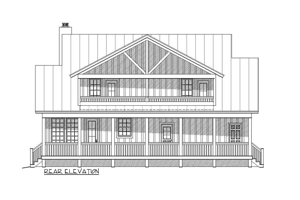 Rear elevation drawing of a two-story house plan with a wrap-around porch and prominent gables.