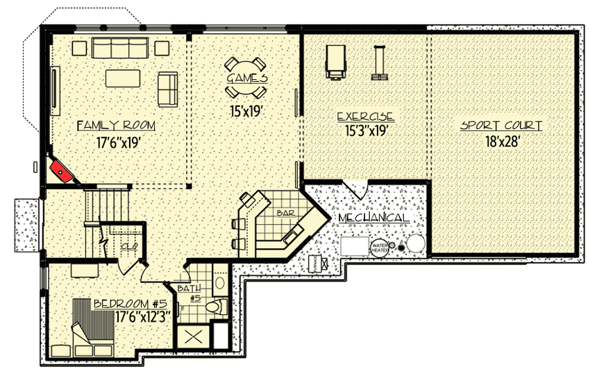 Plan 73363HS: Stunning Exclusive Craftsman with Optional Indoor Sport Court - Floor Plan - Lower Level - Craftsman, New American, Traditional