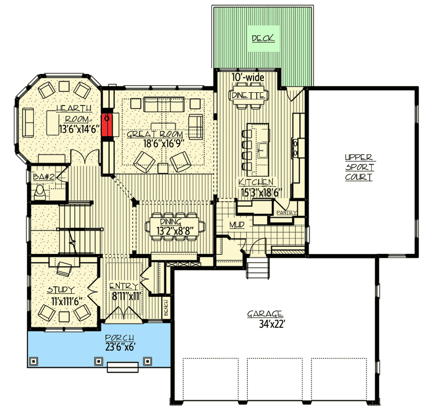 Plan 73363HS: Stunning Exclusive Craftsman with Optional Indoor Sport Court - Floor Plan - Main Level - Craftsman, New American, Traditional