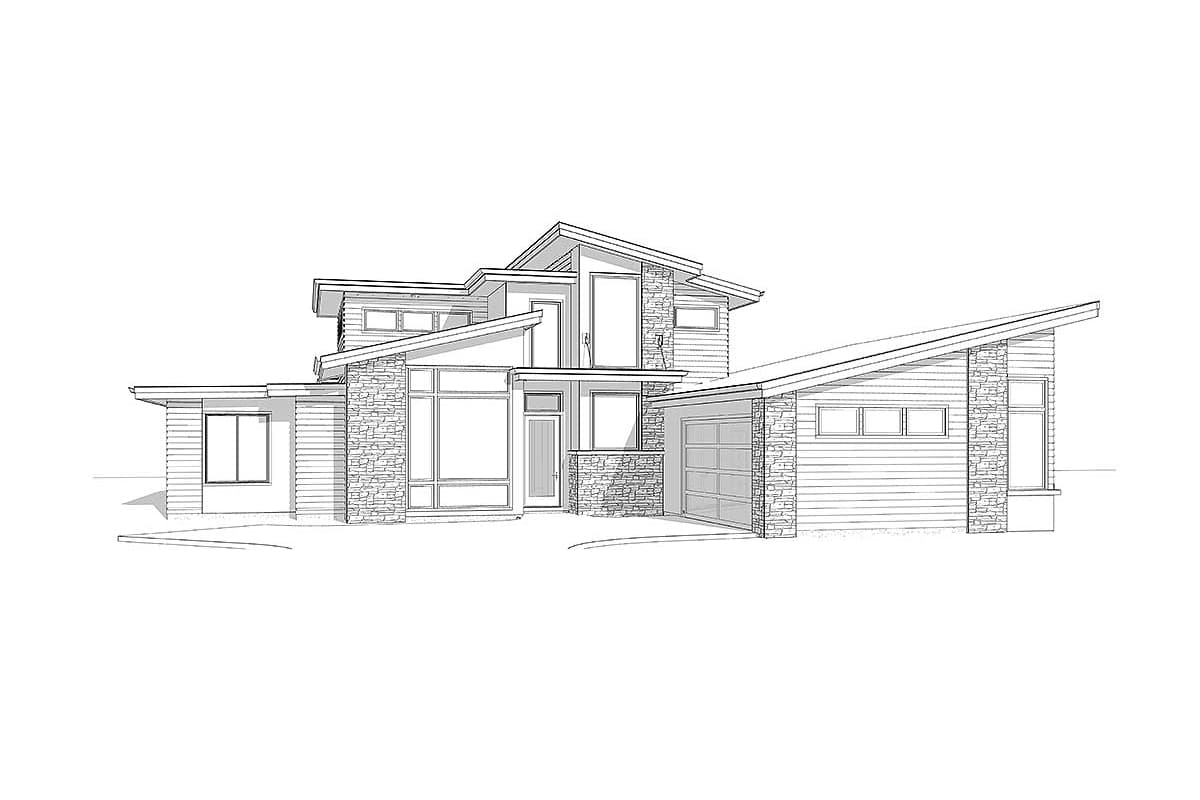 Modern house plan exterior with multiple rooflines, stone accents, large windows, and attached garage.