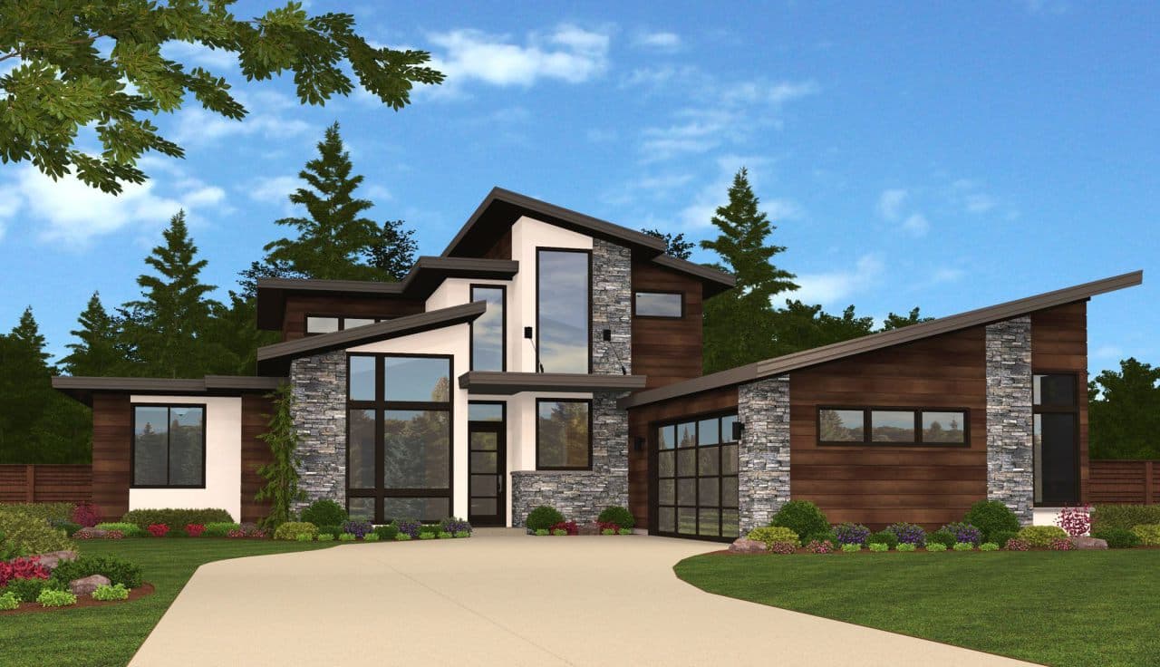 Modern house plan exterior with wood siding, stone accents, multiple gables, and large windows.
