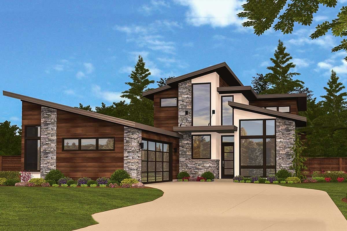 Modern house plan exterior with wood and stone siding, asymmetrical rooflines, multiple large windows, and a two-car garage.