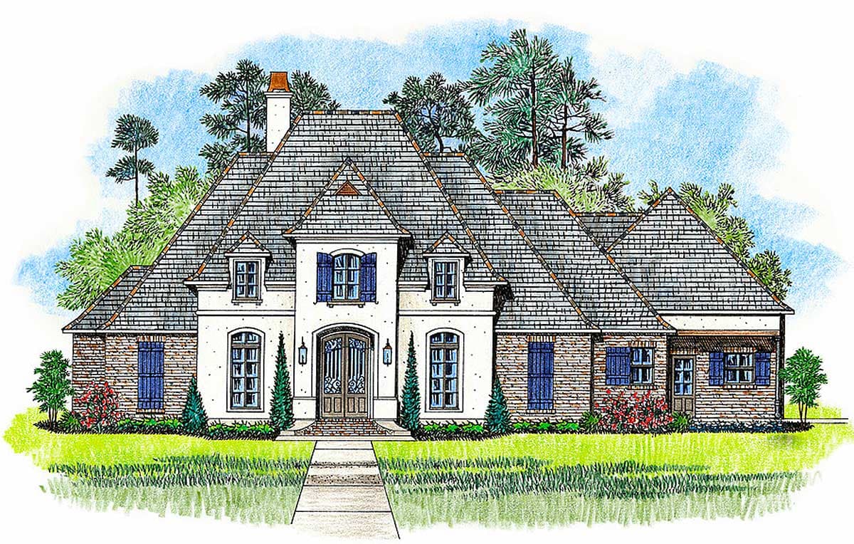 House plan exterior: French Provincial style, two stories, porte-cochère, dormers, and brick accents.