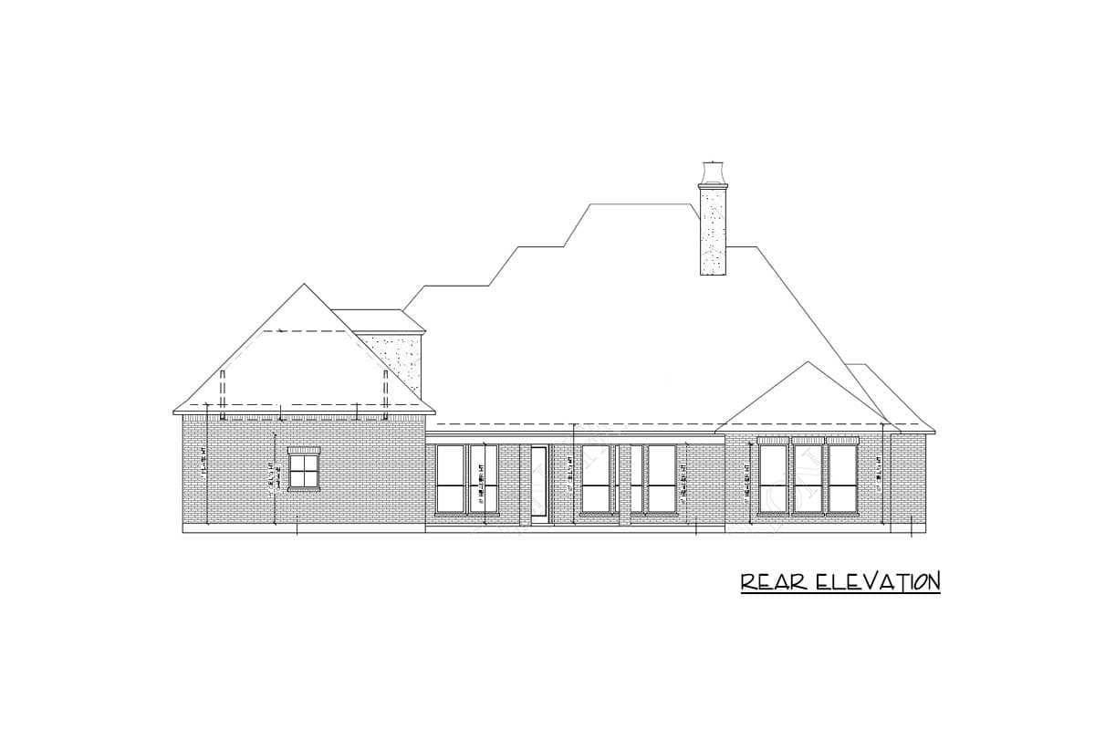 Rear elevation drawing of a brick house with multiple gables, a prominent chimney, and a series of windows.