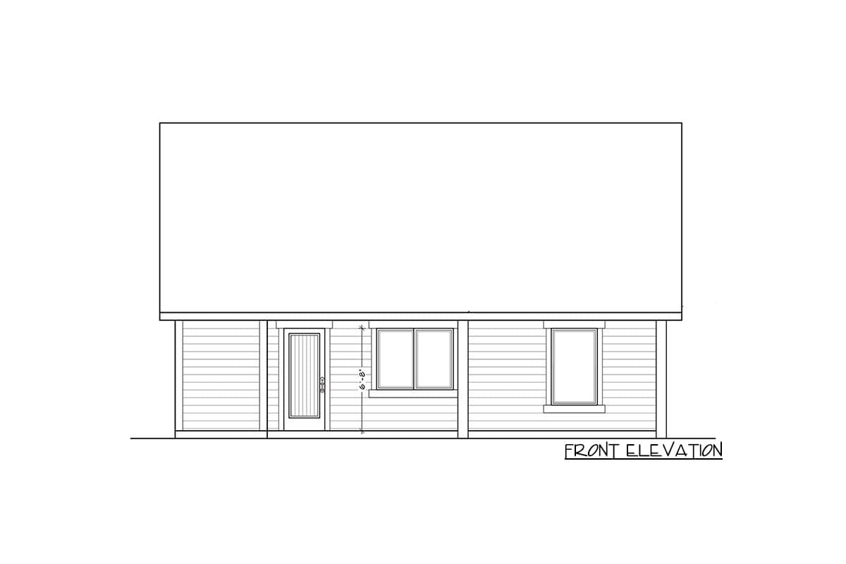 Front elevation drawing of a house plan featuring horizontal siding, a single entry door, and two windows.