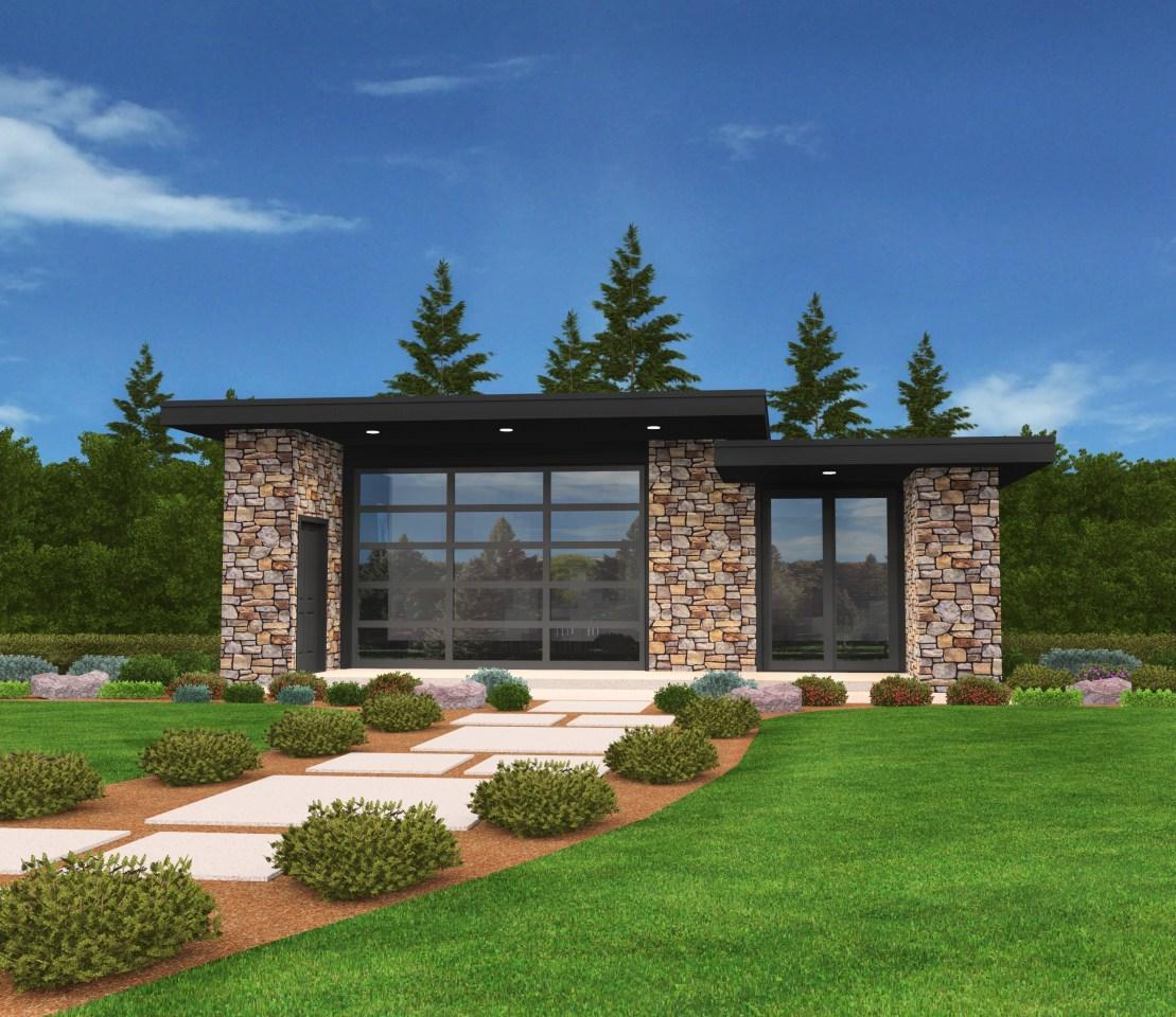 Modern house plan exterior with stone accents, a flat roof, and a large glass garage door.