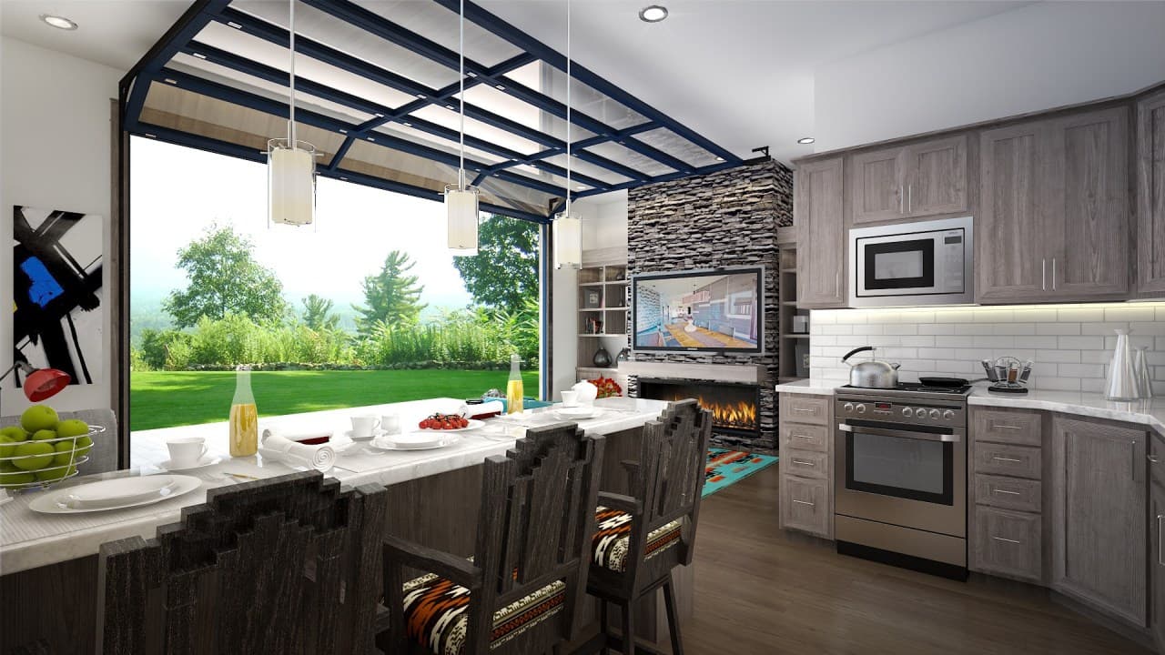 Interior rendering of a kitchen with island, stone fireplace, TV, and open glass wall to outdoors.