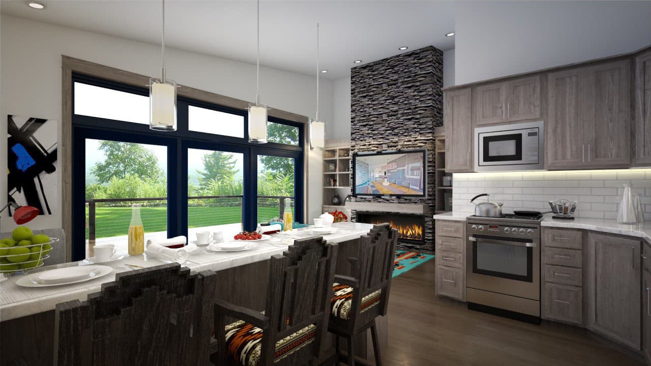 Rendering of a kitchen with island seating, stone fireplace, and large windows overlooking a yard.