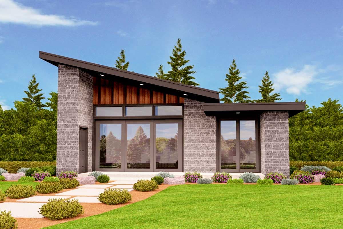 Modern house plan exterior with a single story, angled roofline, brick facade, and large glass windows.