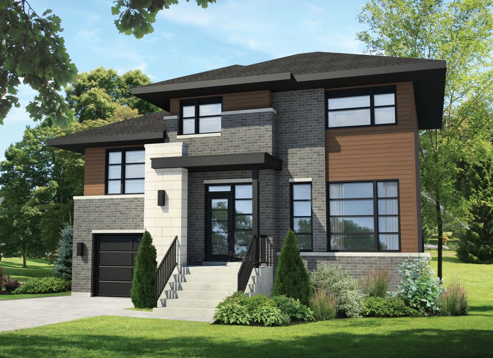 Modern two-story house plan exterior with brick and wood siding, a covered entryway, and attached garage.
