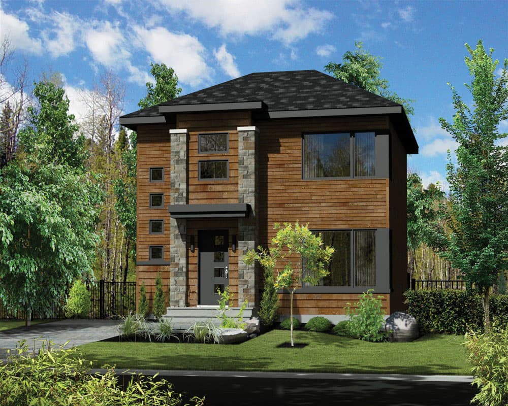 Two-story modern house plan exterior with wood siding, stone accents, flat roof, and multiple windows.