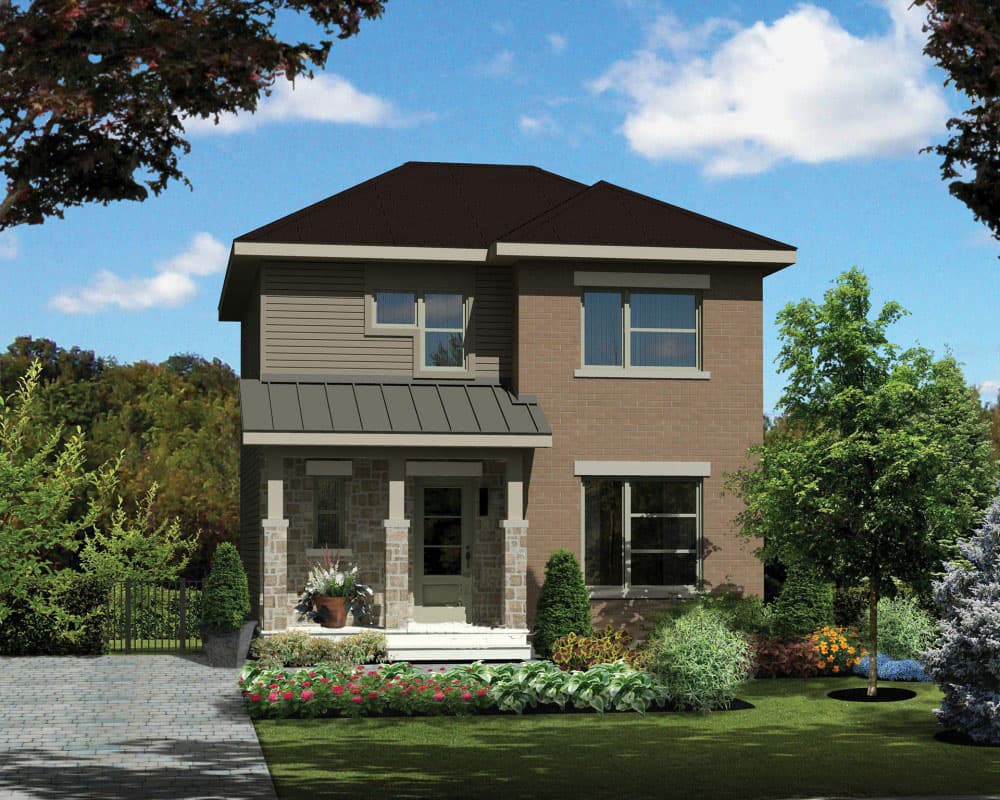 Two-story house plan exterior with a covered porch, stone base, mixed siding, and dark hip roof.