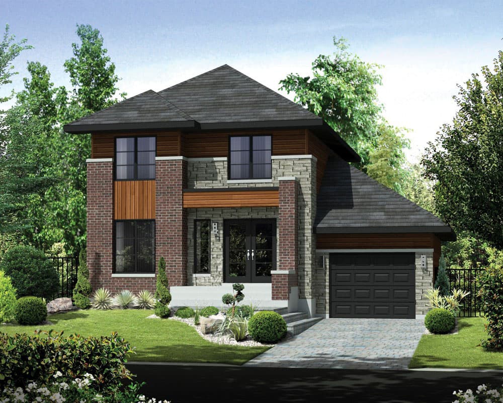 House plan exterior: Modern two-story home with brick and stone facade, gabled roof, and attached garage.