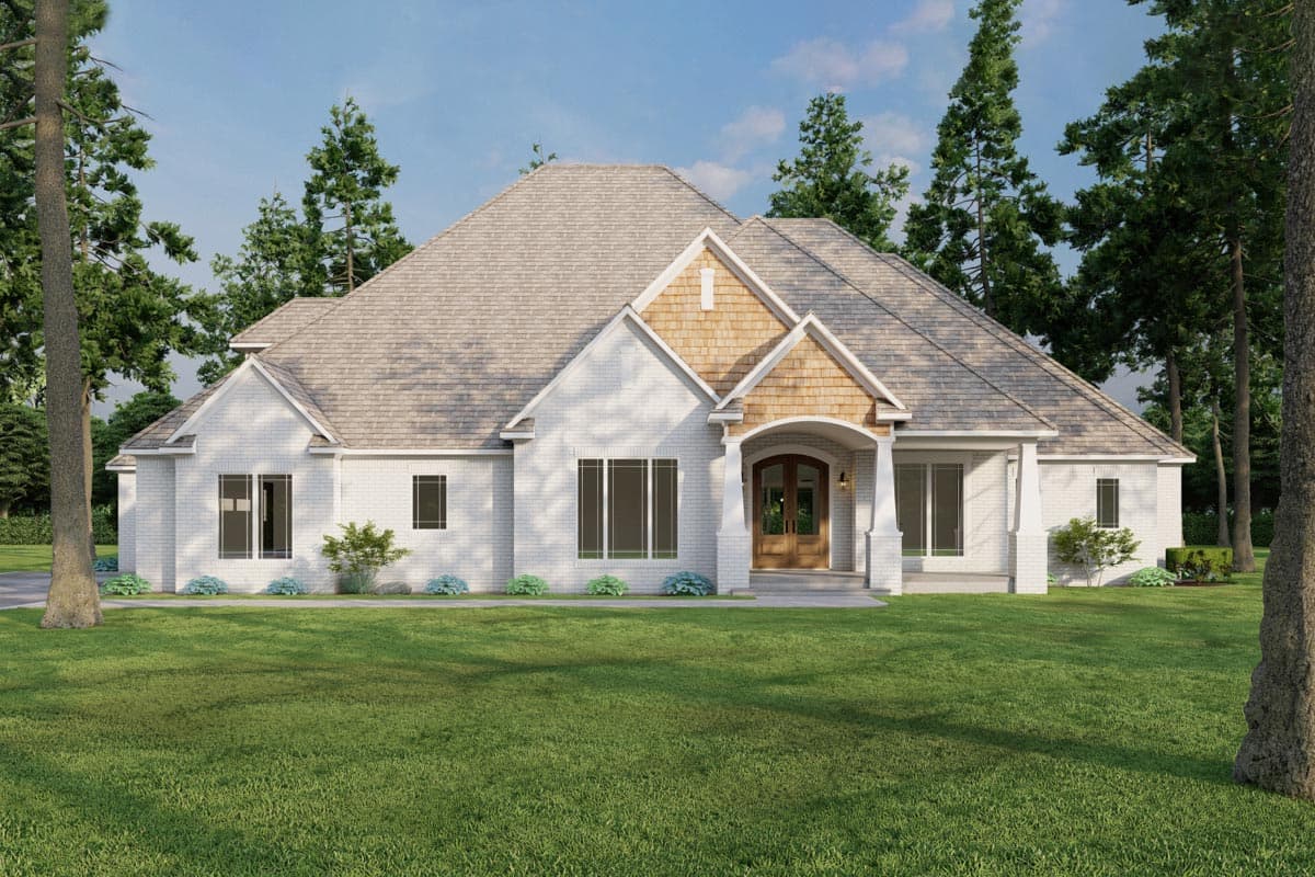 House plan exterior. One-story house with gabled roof, brick facade, and covered porch with columns. Features a front entry and cedar accents.