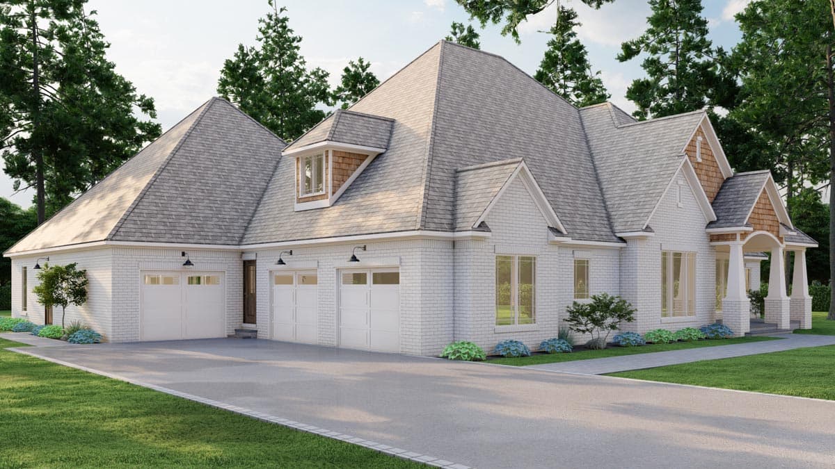 House plan exterior with white brick, dormer, multiple gables, and a three-car garage.