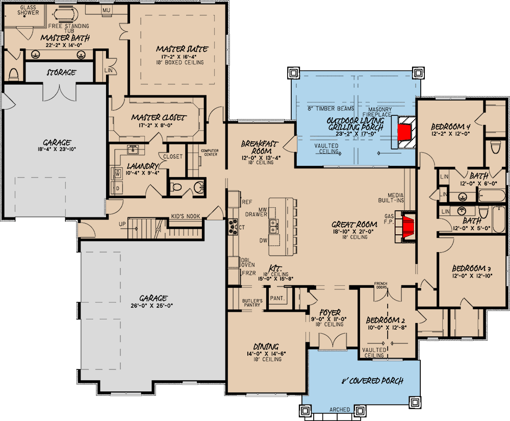 Plan 70528MK: 4 Bed Southern Home Plan with Rustic Elegance - Floor Plan - Main Level - Country, Southern, Traditional