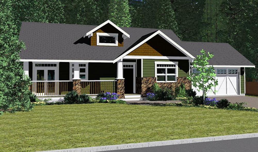 House plan exterior: One-story Modern Farmhouse with covered porch, stone accents, gable dormer, and attached garage.